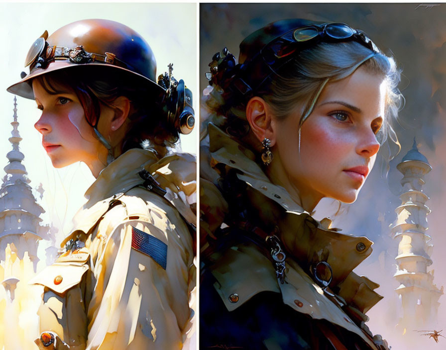 Illustrated female characters in steampunk attire with detailed helmets and goggles against fantasy towers.