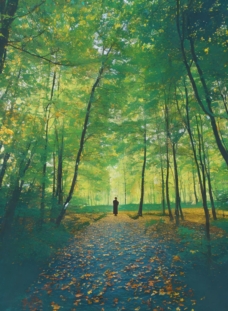 Person standing on leaf-strewn path in lush green forest with sunlight filtering through canopy