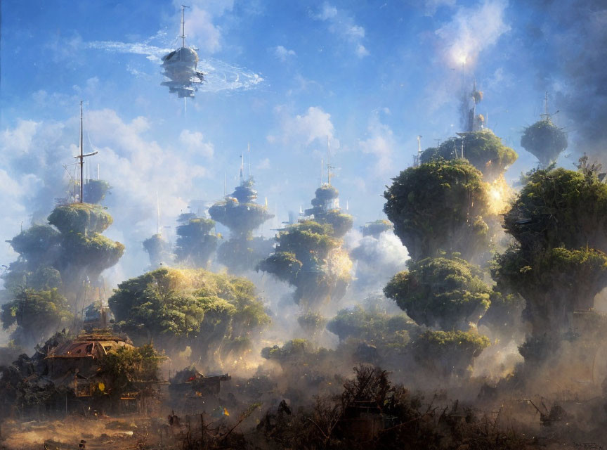 Floating islands with tree-top buildings and helicopter in futuristic landscape