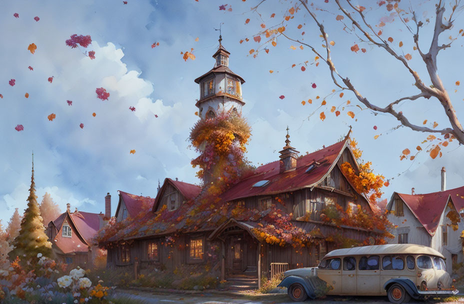 Old-fashioned car parked by rustic cottage in vibrant autumn scene