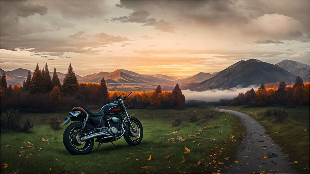 Scenic autumn landscape with motorcycle parked on path