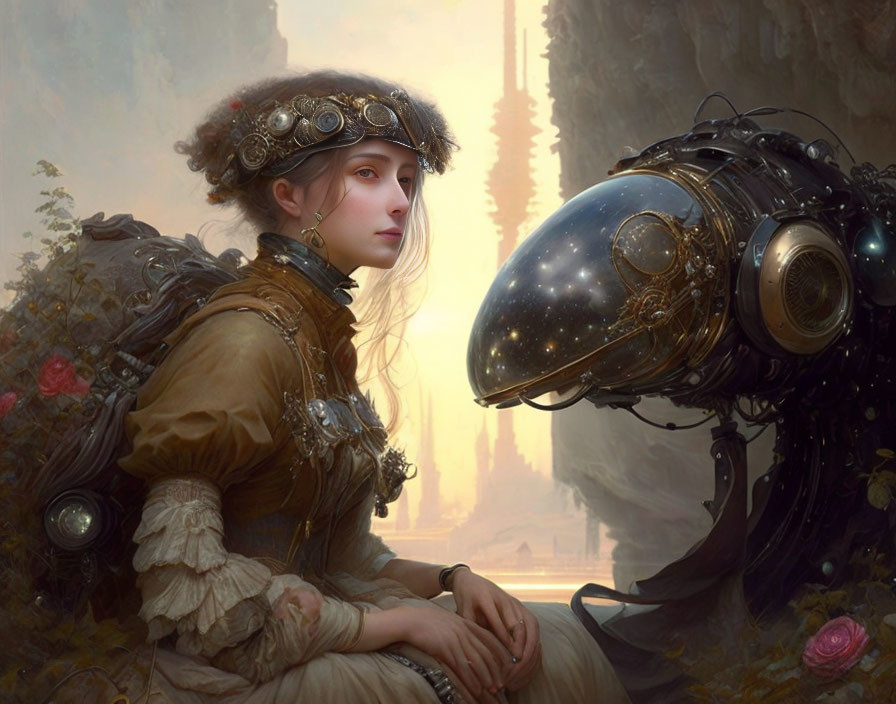 Steampunk-themed woman with brass goggles beside mechanical creature in misty landscape