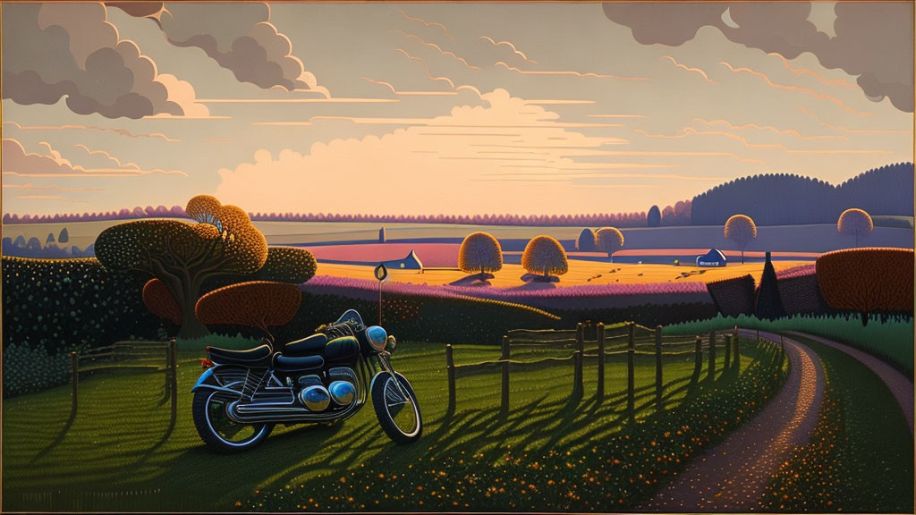 Rural landscape painting with classic motorcycle at sunset