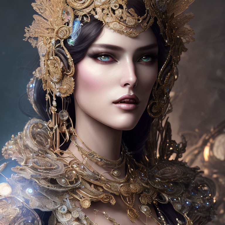 Digital Artwork: Woman with Green Eyes and Golden Headdress