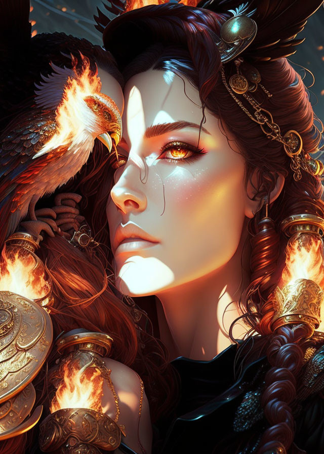 Digital artwork featuring woman with elaborate braids and golden jewelry with majestic hawk.