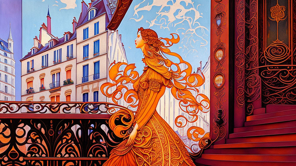 Stylized illustration of woman in ornate yellow dress on balcony overlooking Parisian-style buildings under blue