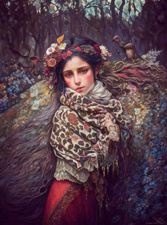 Fantastical woman with floral wreath in vibrant garments amidst whimsical forest wildlife