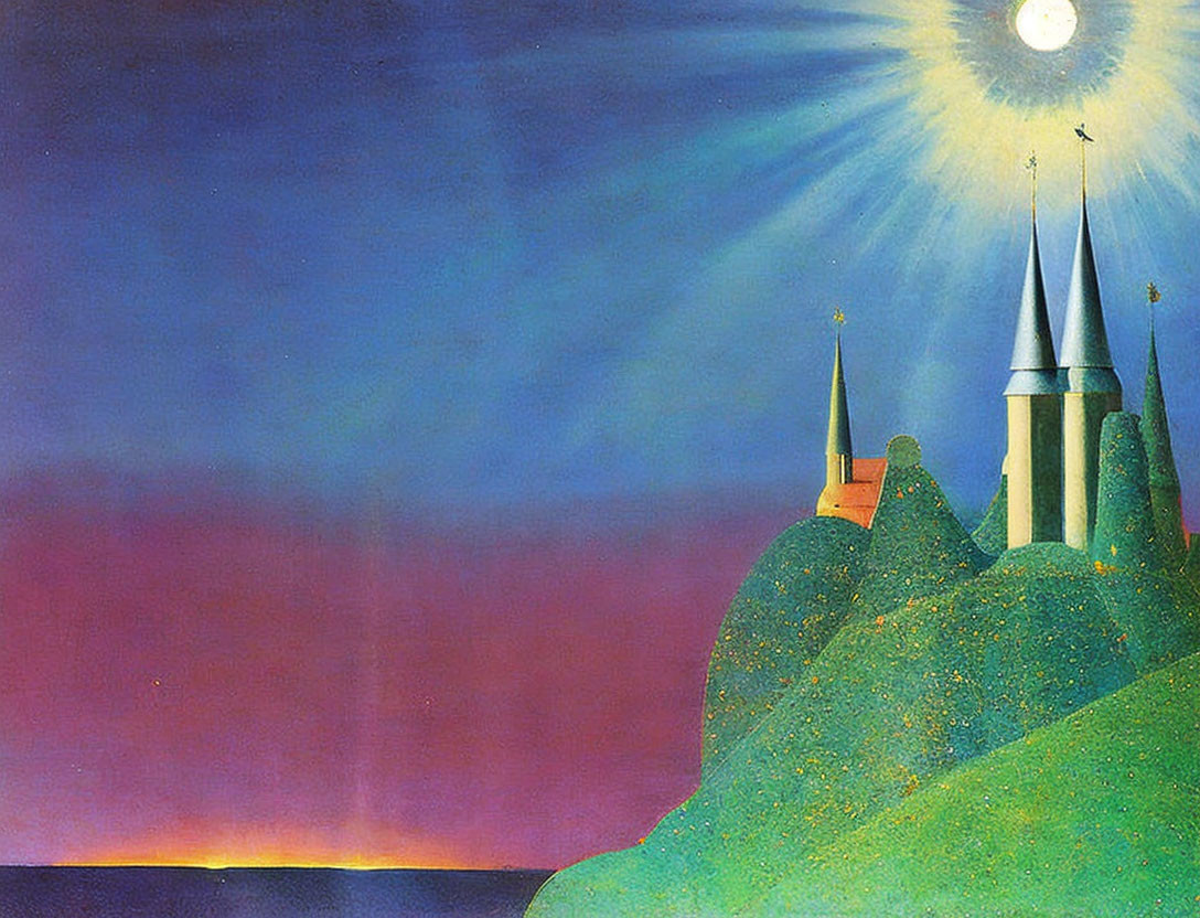 Surreal painting: castle on rolling hills under a starlit night