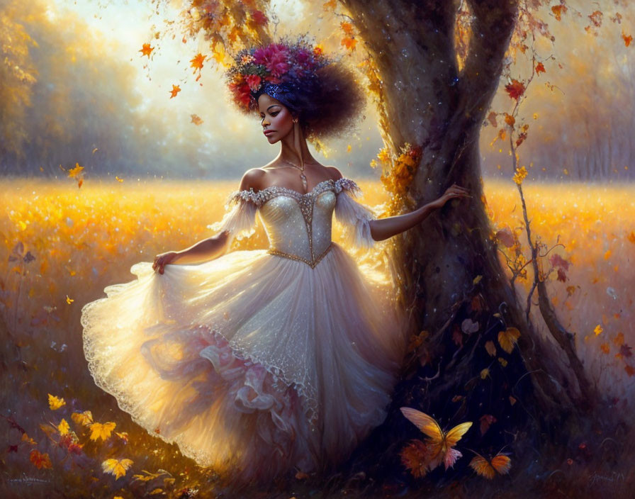 Woman in flowing dress by autumn tree in golden field with fluttering leaves