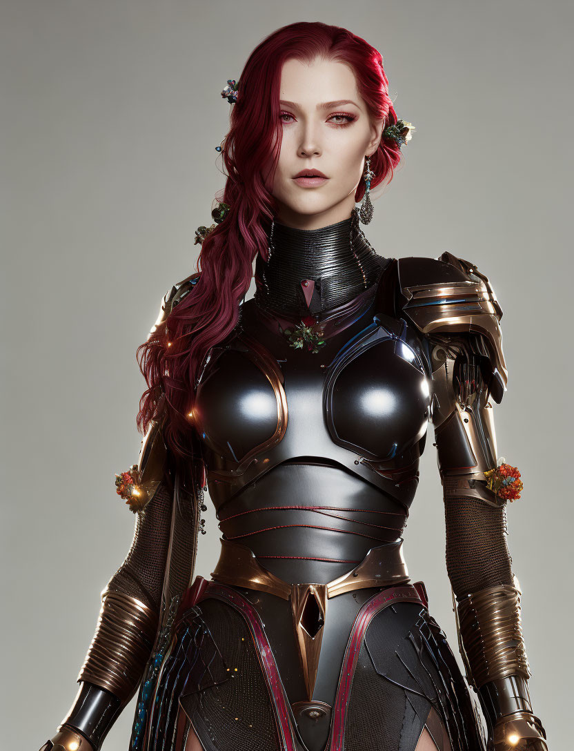 Red-haired woman in futuristic black armor with floral adornments and red accents gazes confidently