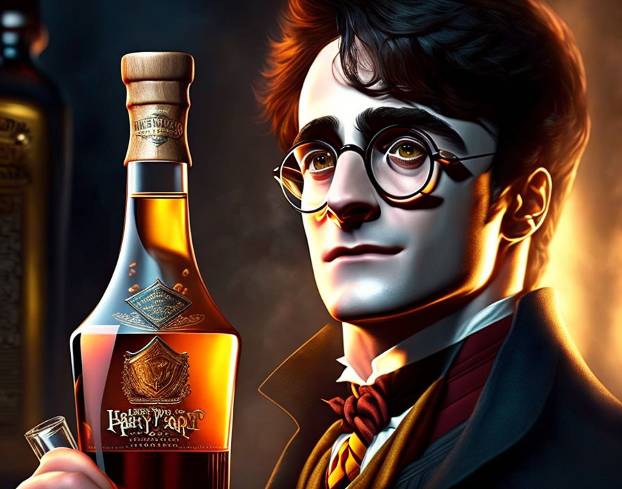 Young male character with round glasses, lightning scar, striped tie, and stylized beverage in warm lighting