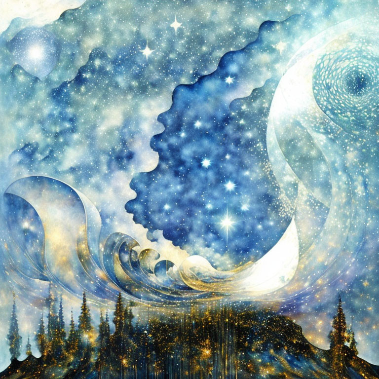 Surreal cosmic landscape with swirling galaxies and crescent moon above pine trees