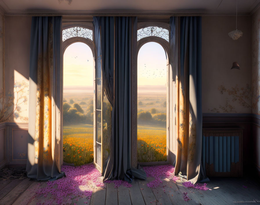 Room with Open Curtains and Yellow Flowers Scattered on Floor