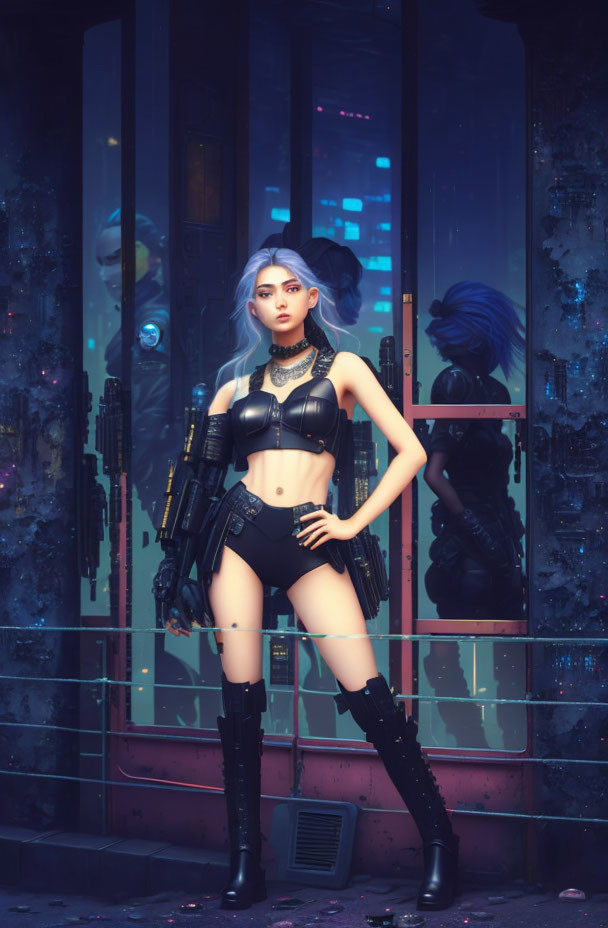 Futuristic female character with white hair and cybernetic arm in neon-lit urban scene