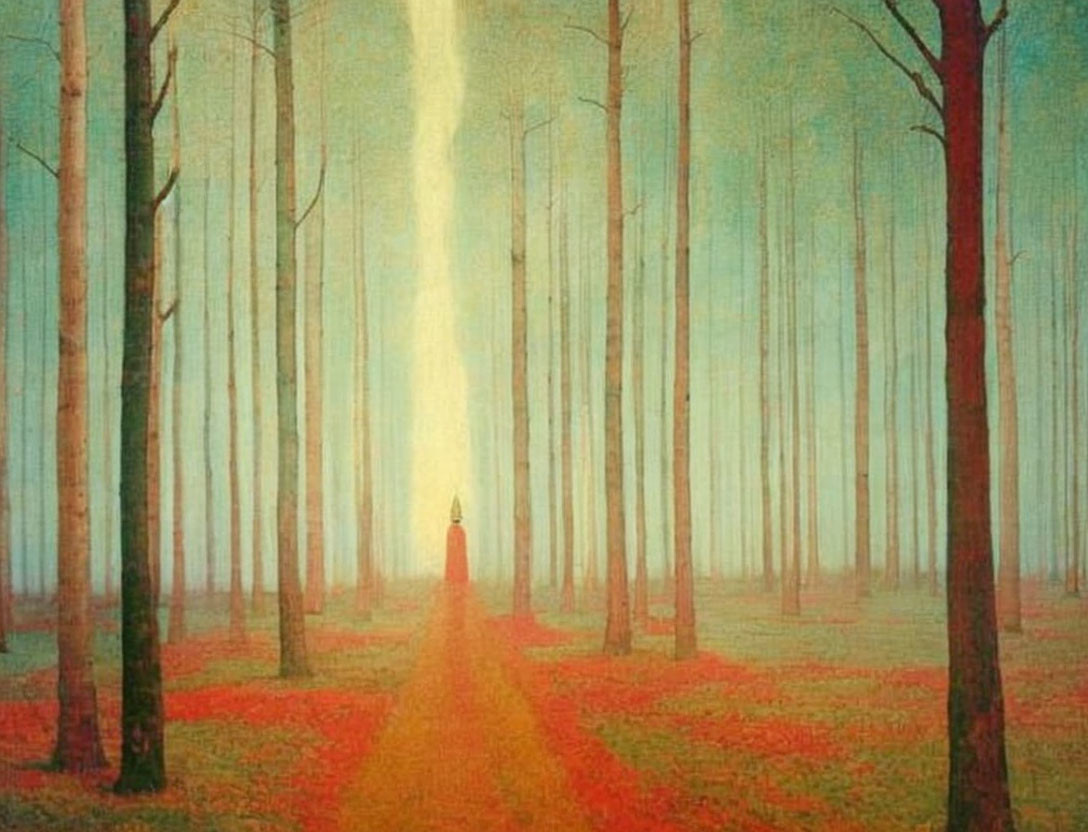 Solitary figure in misty forest with red leaves and tall trees