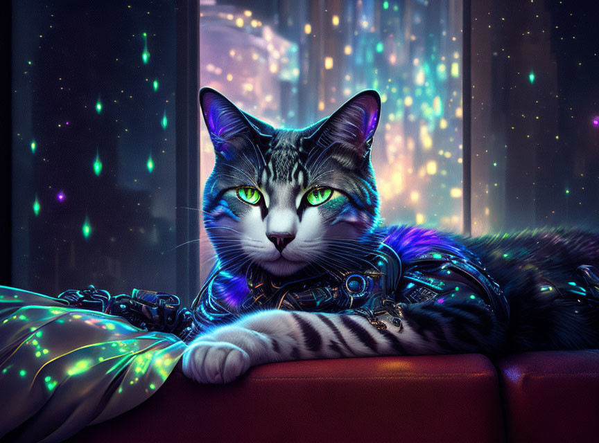 Futuristic cybernetic cat with green illuminated eyes in neon-lit cityscape