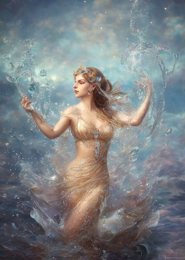 Woman in ethereal attire emerges from water with swirling splashes against dreamy background