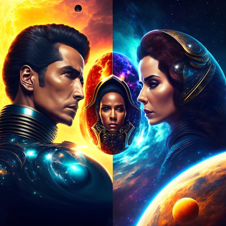 Futuristic man and woman in armor against cosmic backdrop