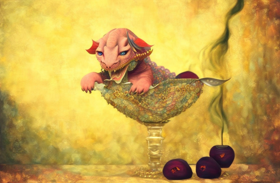 Illustration of baby dragon hatching from ornate egg with cherries in golden setting