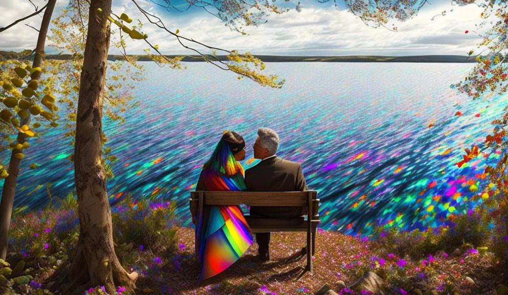 Couple Sitting on Bench by Vibrant Multicolored Lake