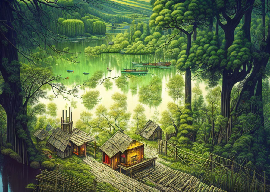 Tranquil rural landscape with lake, wooden houses, greenery, mist, and floating boats