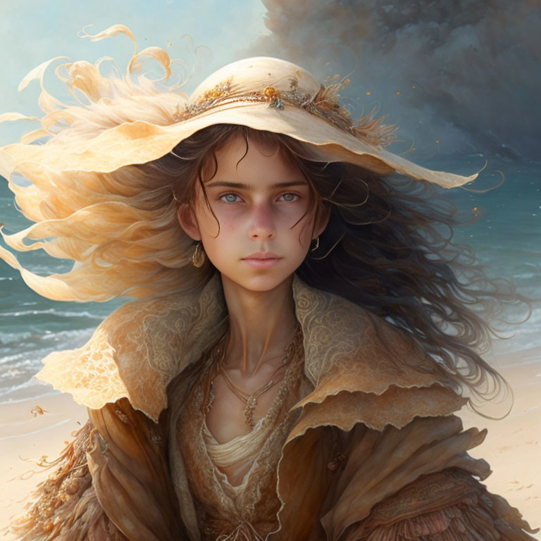 Young woman in wide-brimmed hat gazes intensely against stormy sea backdrop