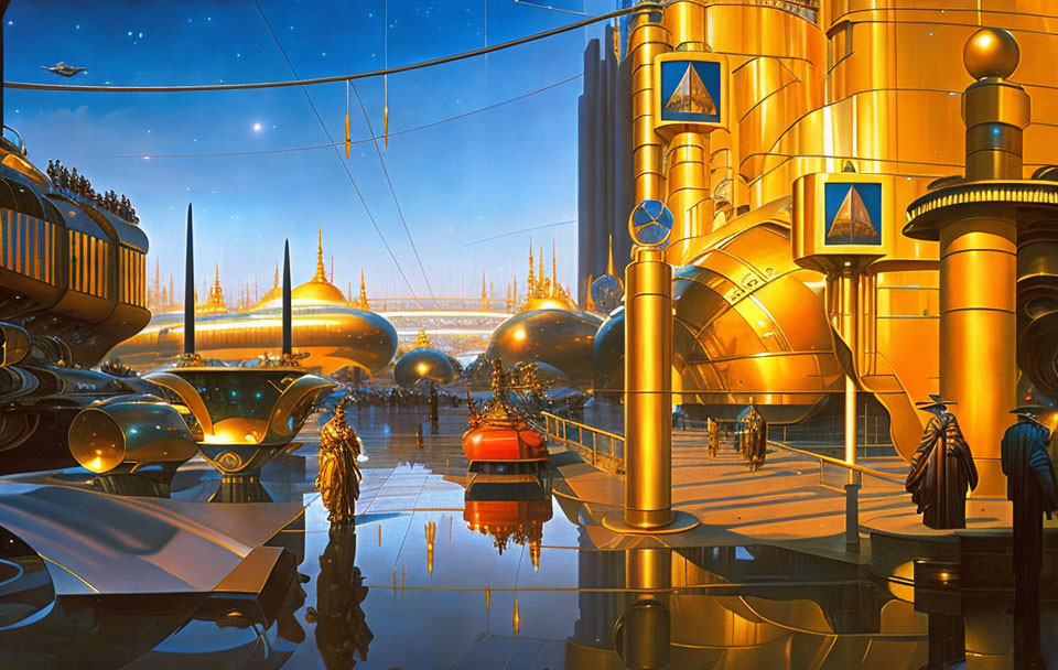 Futuristic cityscape with golden domed structures and flying vehicles