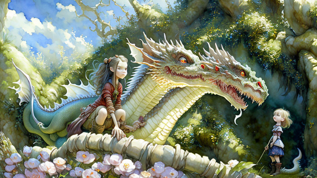 Girl and child with dragon in lush forest scene