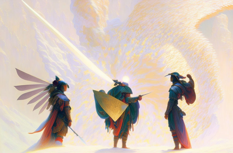 Three warriors in ornate armor gazing at a giant mythical bird in a vibrant fantasy landscape