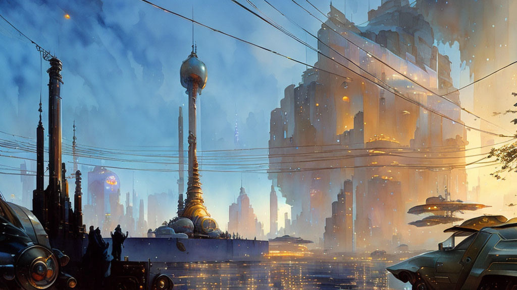 Futuristic cityscape with towering buildings and flying vehicles at dusk