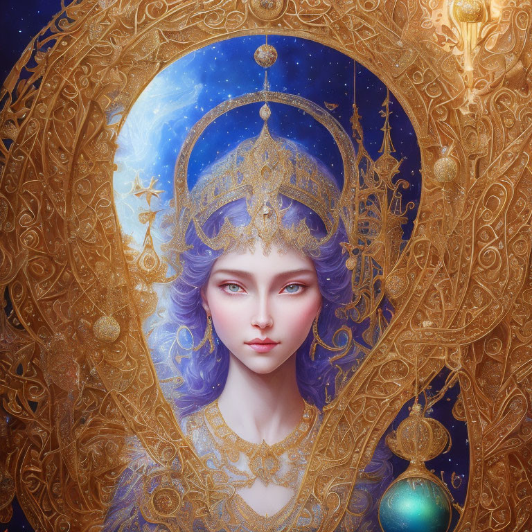 Regal female figure with blue hair and golden crown on starry background