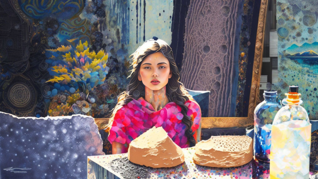 Colorful woman with tapestry, jars, bread, and cosmic overlay