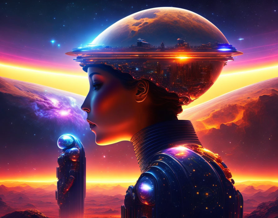 Female android profile with cityscape in transparent dome on space backdrop