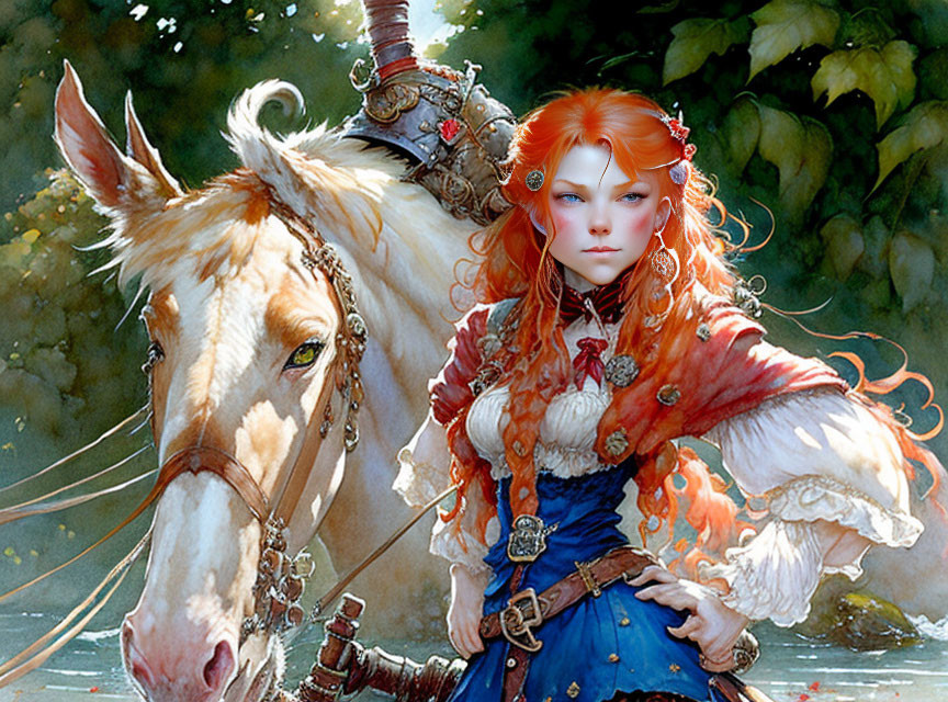 Red-haired woman in fantasy attire riding white horse in lush, sunlit landscape