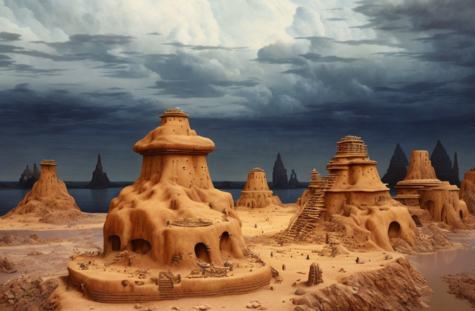 Intricate Sandcastles in Alien Desert Landscape