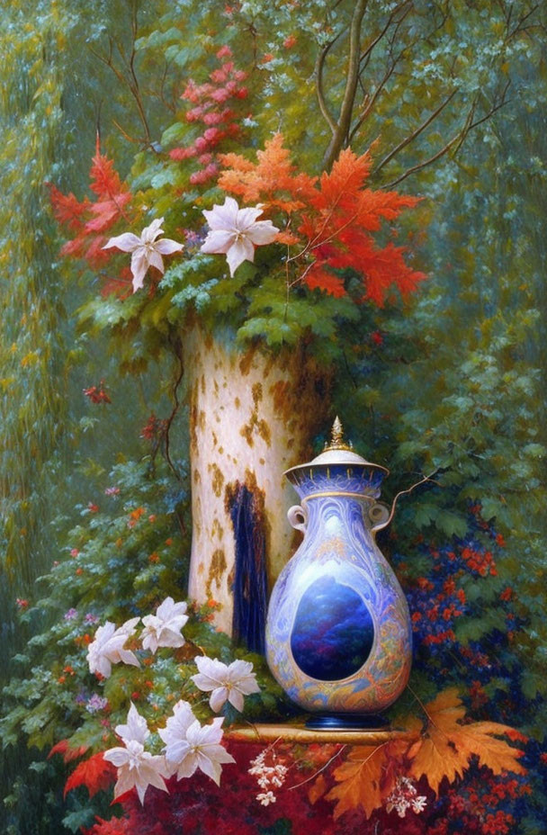 Colorful painting of blue vase in forest with white flowers and red leaves