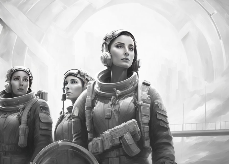 Three female astronauts in spacesuits without helmets, looking up against futuristic backdrop.