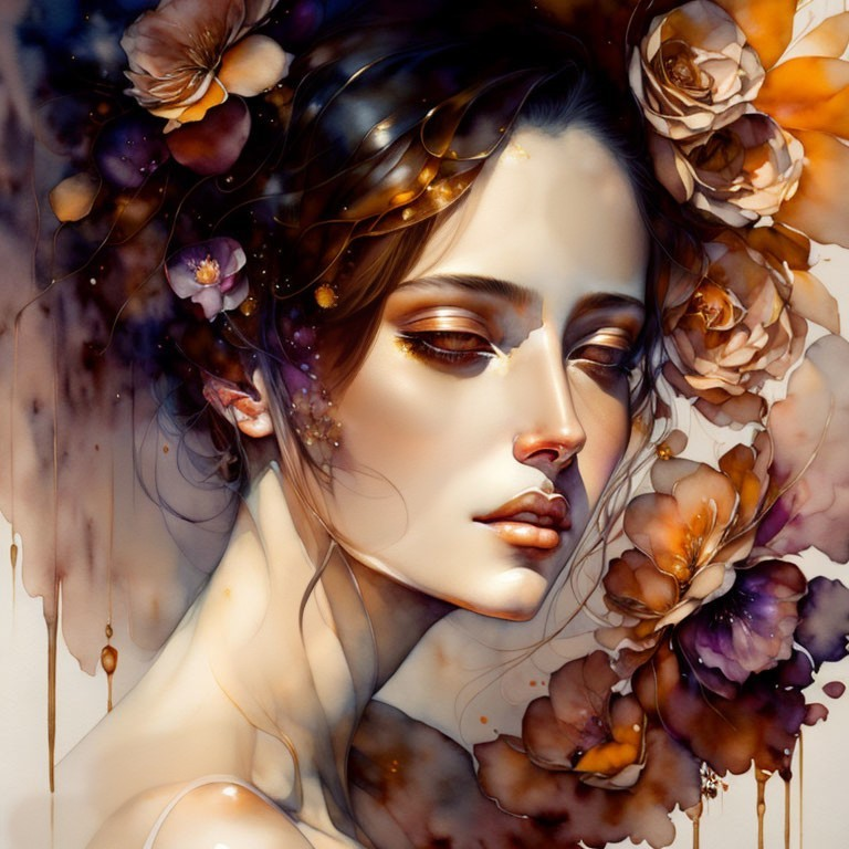 Digital Artwork: Serene woman's face amid colorful flowers and golden accents