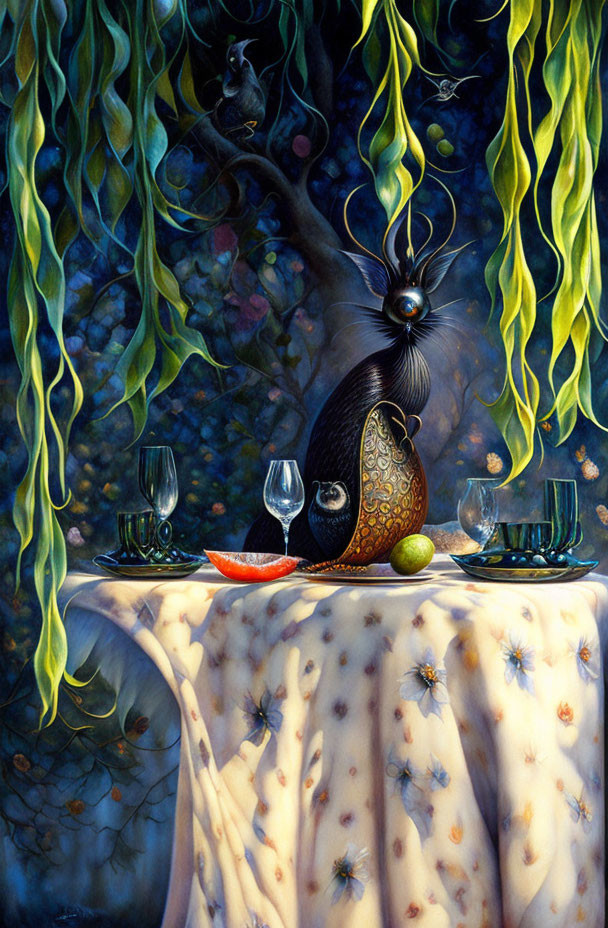 Surrealist painting of peacock, fruits, insects, and foliage