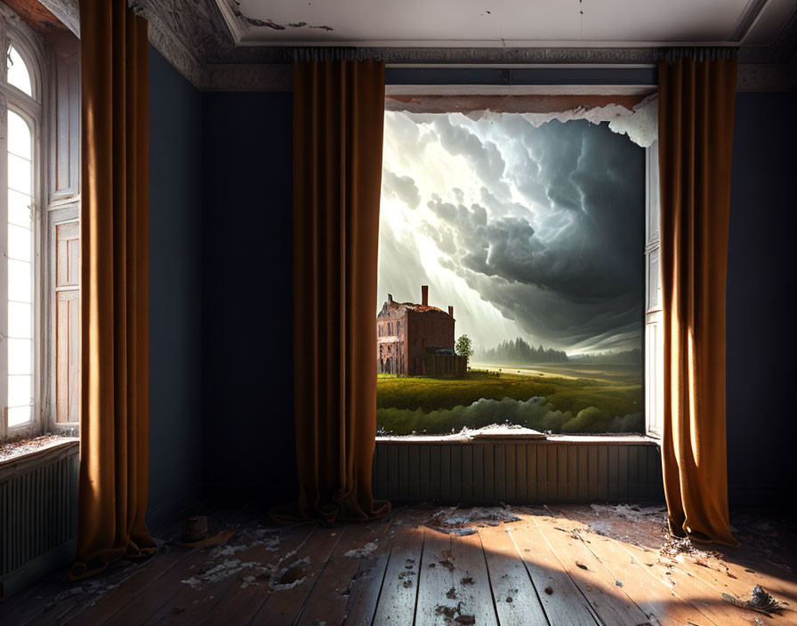 Abandoned room with surreal stormy sky and pastoral landscape view