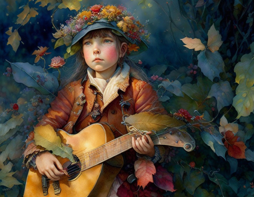 Child with Flower Hat and Guitar in Lush Garden