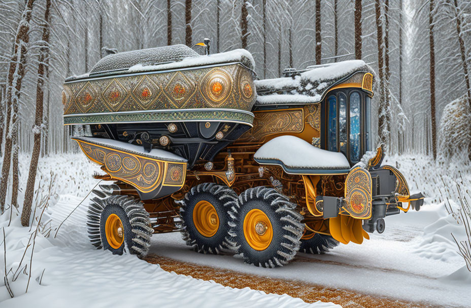 Steampunk-style vehicle with ornate patterns in snowy forest landscape