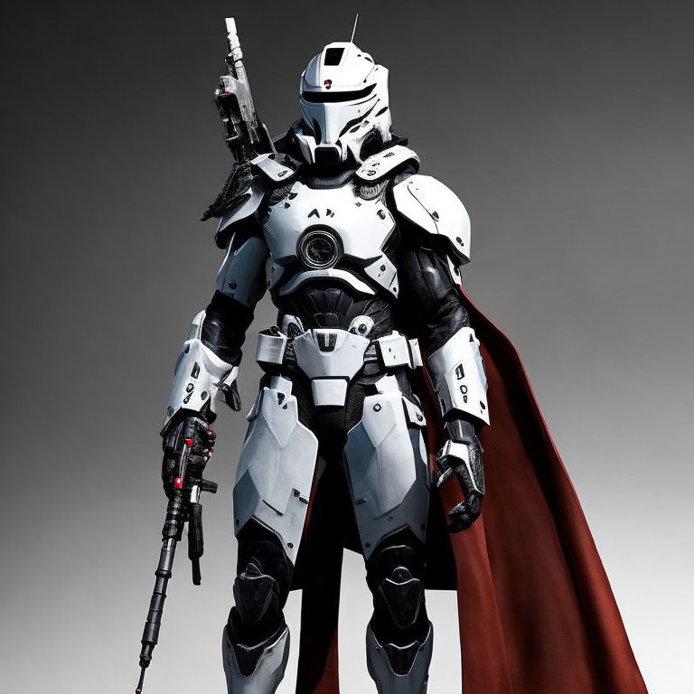 Futuristic armored figure in white robotic suit with red cape and rifle on grey background