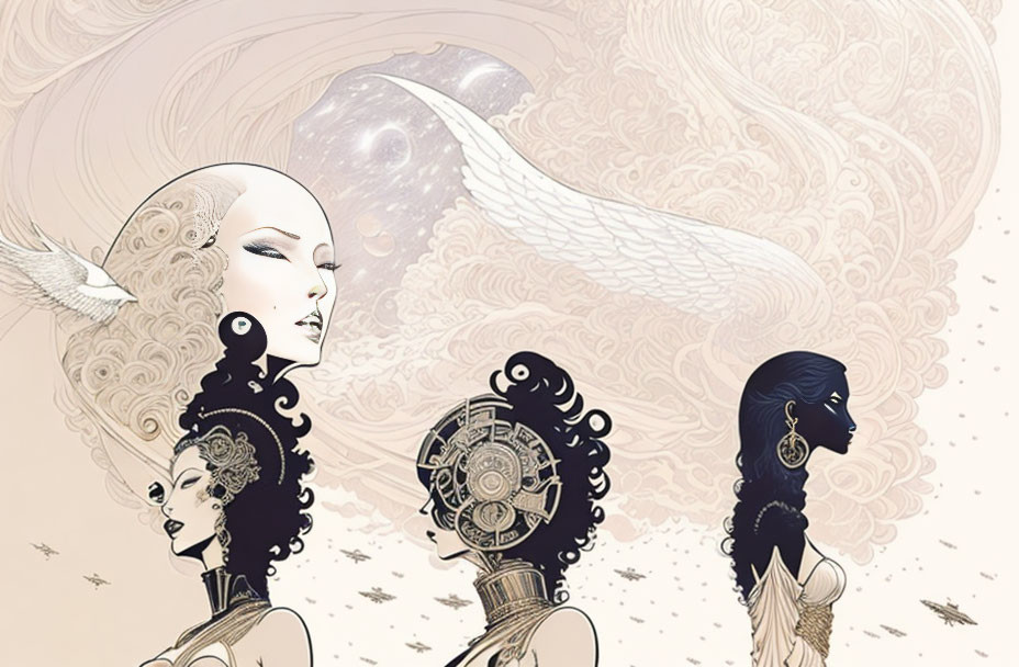 Stylized women with mechanical and celestial headpieces and flying dove.