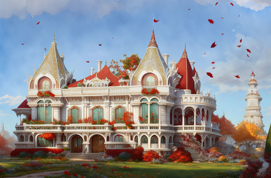 Fantasy mansion with pointed roofs amidst autumn foliage and tower against clear sky