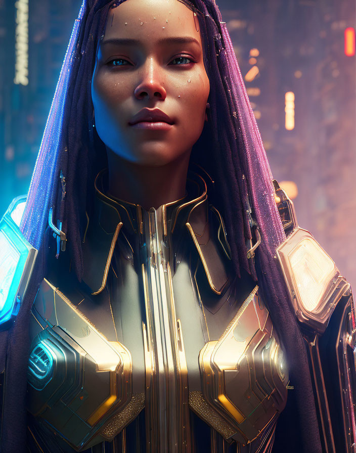 Female character in glowing armor and purple dreadlocks in futuristic setting