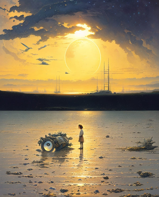 Child admires moon by water with futuristic landscape and spaceships.