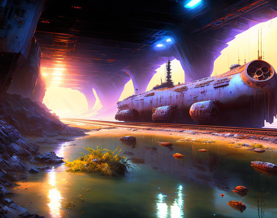 Large Spaceship in Neon-lit Hangar Reflecting on Water Surface amid Alien Flora