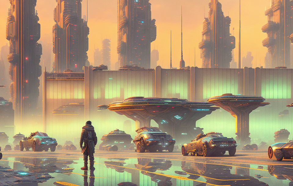 Futuristic cityscape with skyscrapers and flying vehicles at sunset