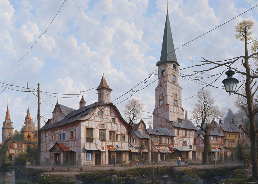 European village landscape with half-timbered houses and church spire.